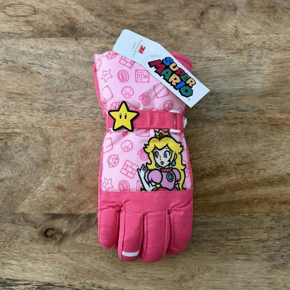 New: S/M Girls Princess Peach Super Mario Ski Gloves